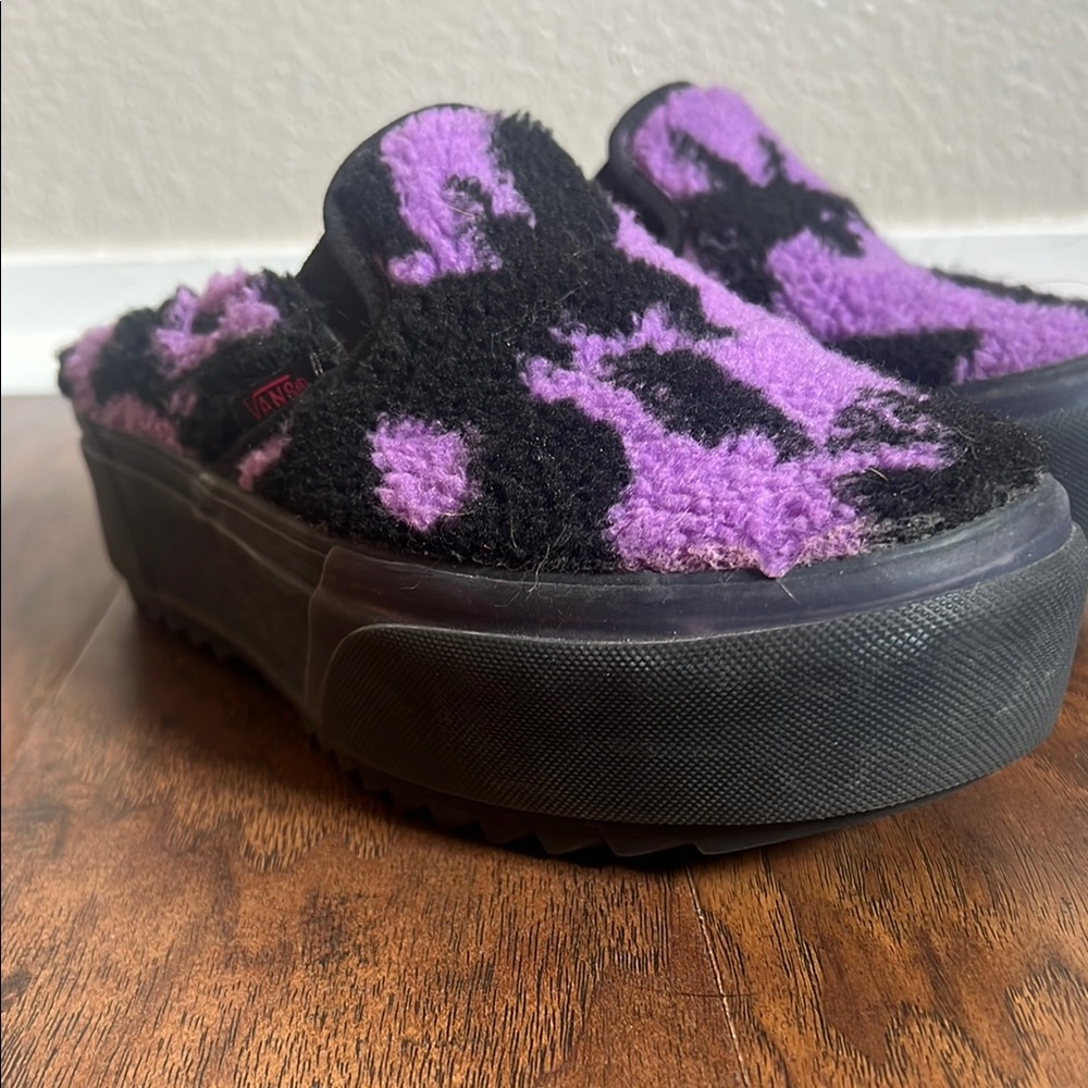 Vans Irene Is Good Purple and Black Fuzzy Slip-On Shoes